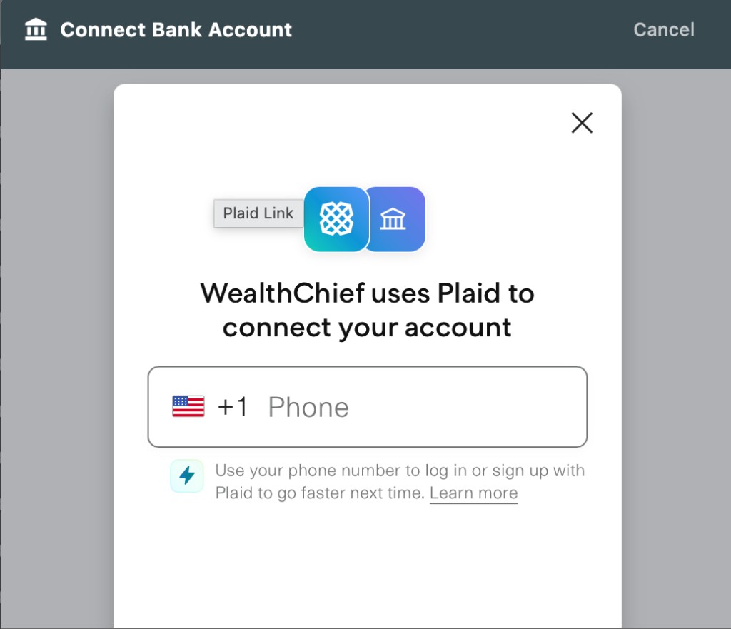 Loftd in-app screenshot showing the Plaid Link modal: ‘Loftd uses Plaid to connect your account.’